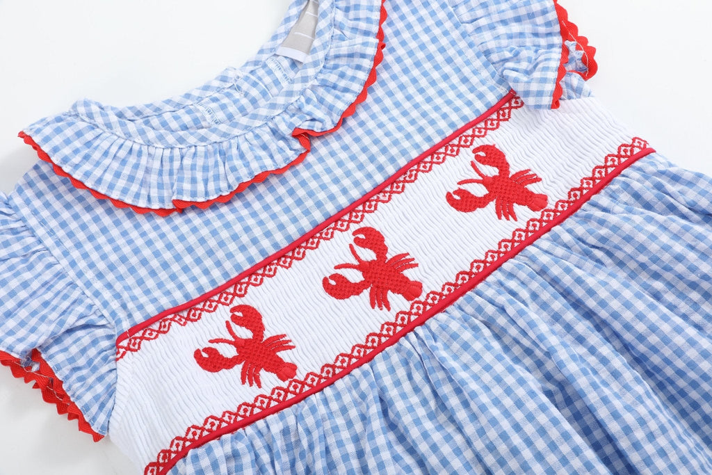 Blue Gingham Crawfish Smocked Dress