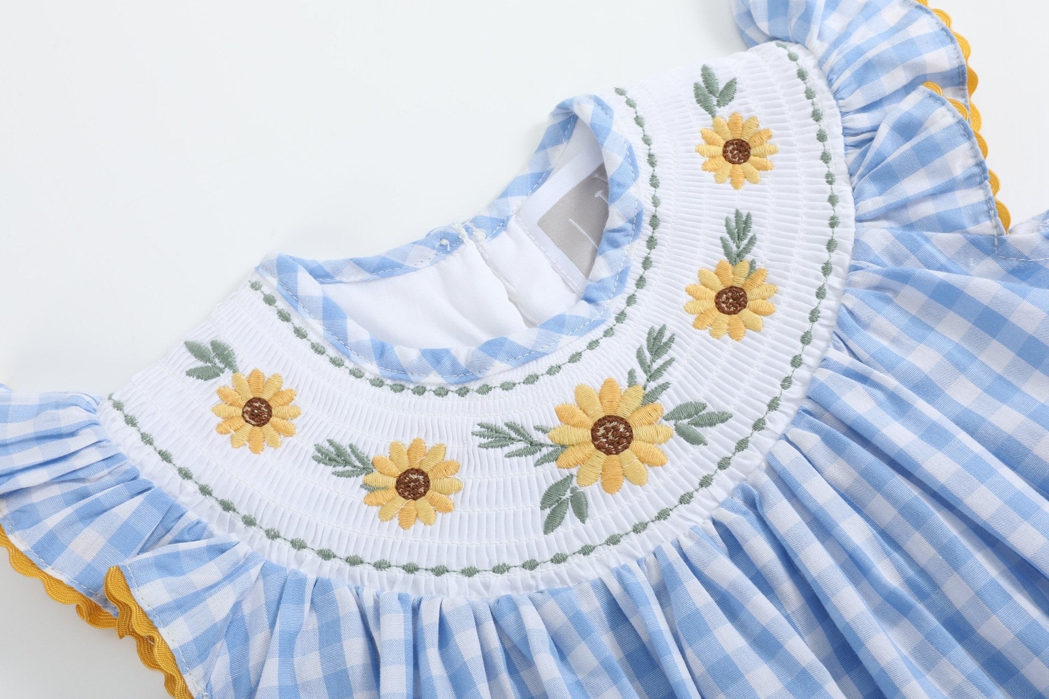 Blue Gingham Sunflower Smocked Bishop Dress