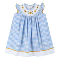 Blue Gingham Sunflower Smocked Bishop Dress