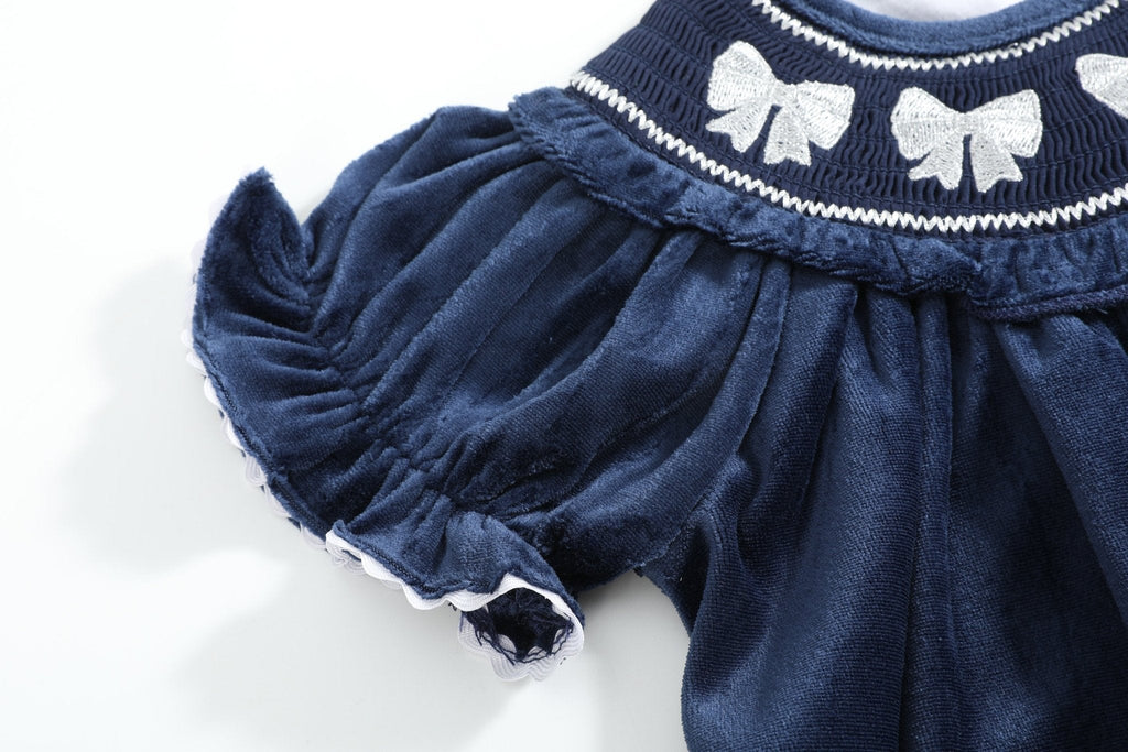 Blue Velvet Silver Bows Smocked Ruffle Bishop Dress