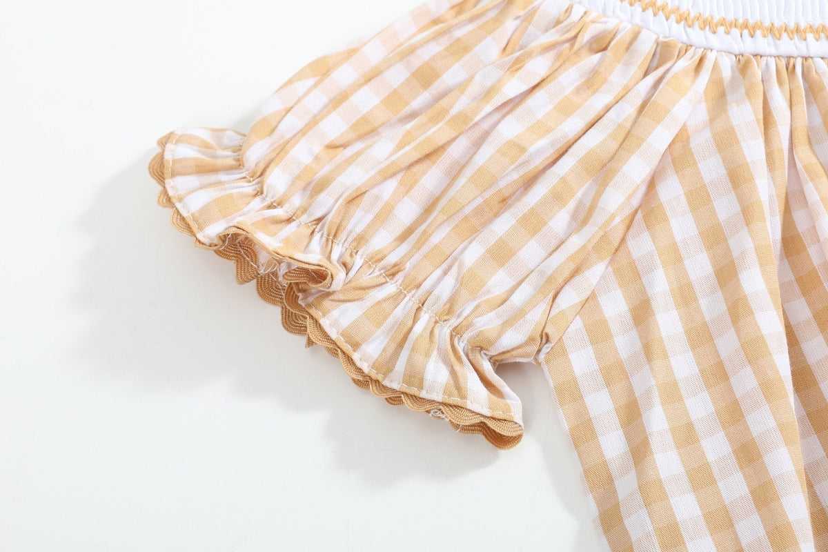 Brown Gingham Football Smocked Bishop Dress