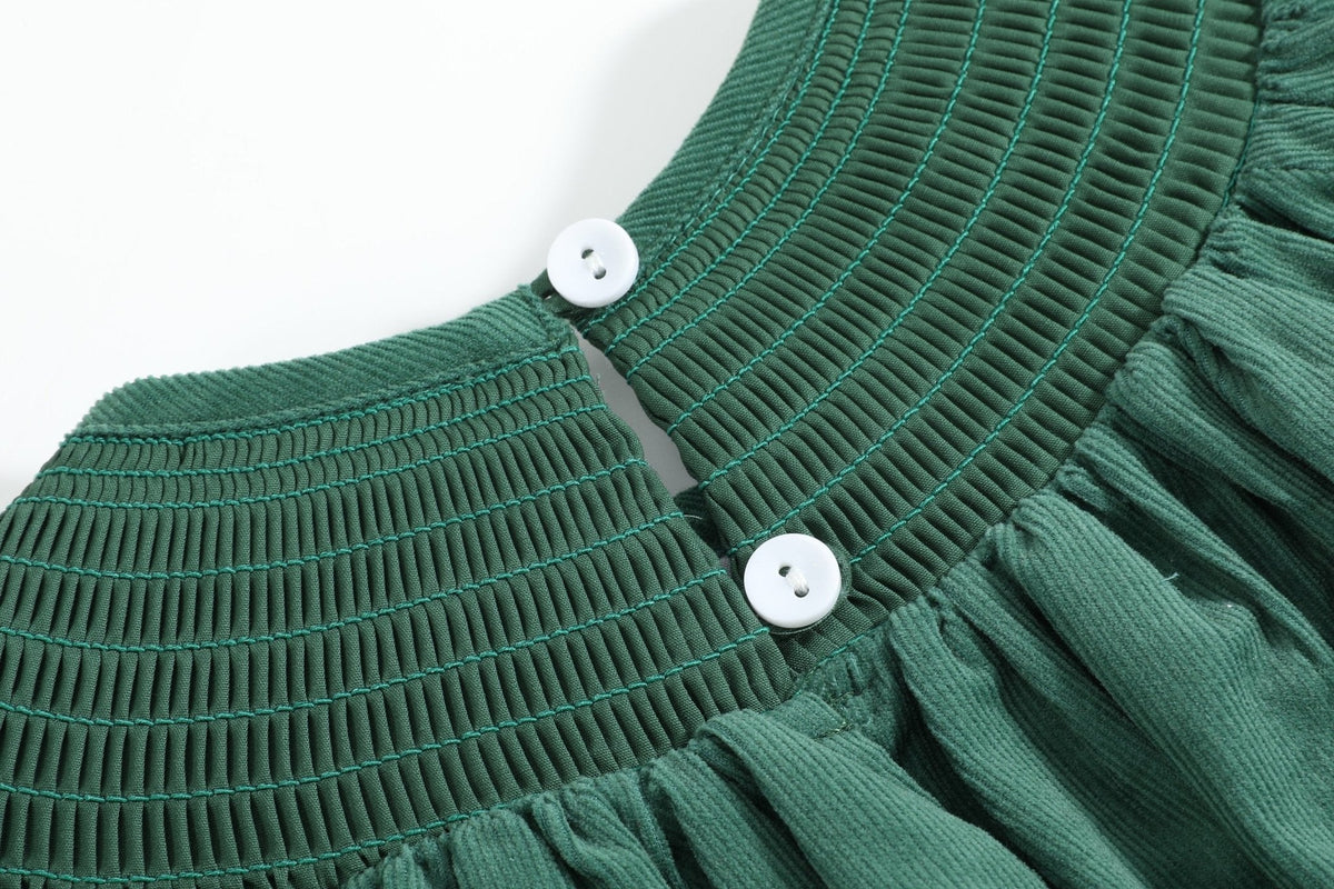 Green Corduroy Smocked Bishop Dress