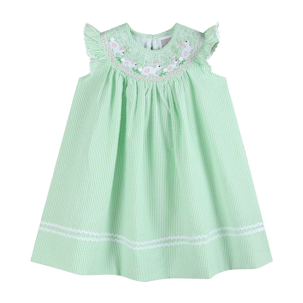 Green Seersucker Easter Bunny Smocked Bishop Dress
