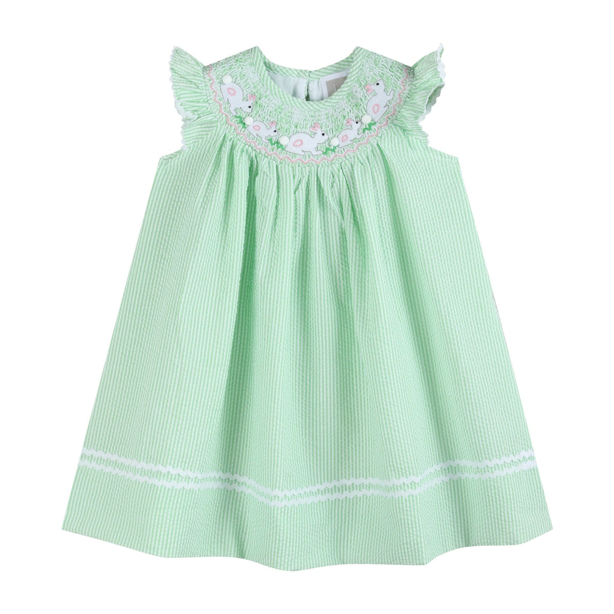 Green Seersucker Easter Bunny Smocked Bishop Dress