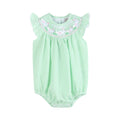 Green Seersucker Bunny Smocked Flutter Bubble  Romper
