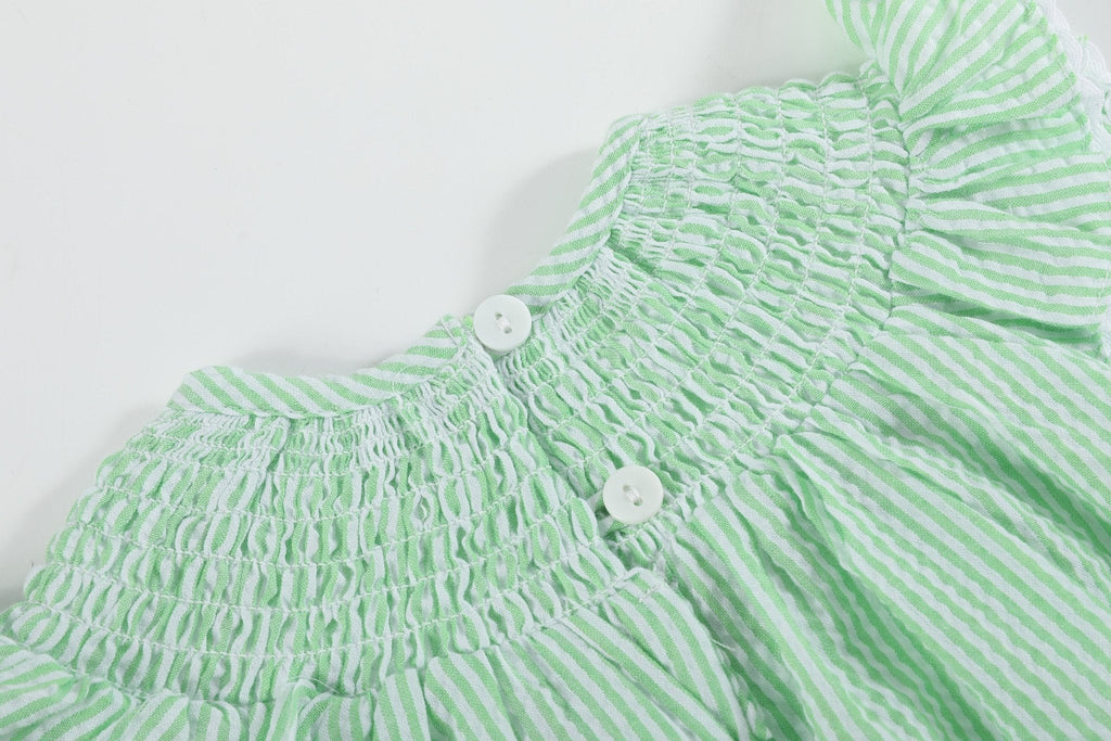 Green Seersucker Bunny Smocked Flutter Bubble  Romper