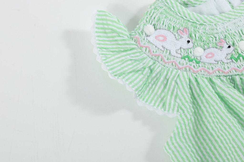 Green Seersucker Bunny Smocked Flutter Bubble  Romper