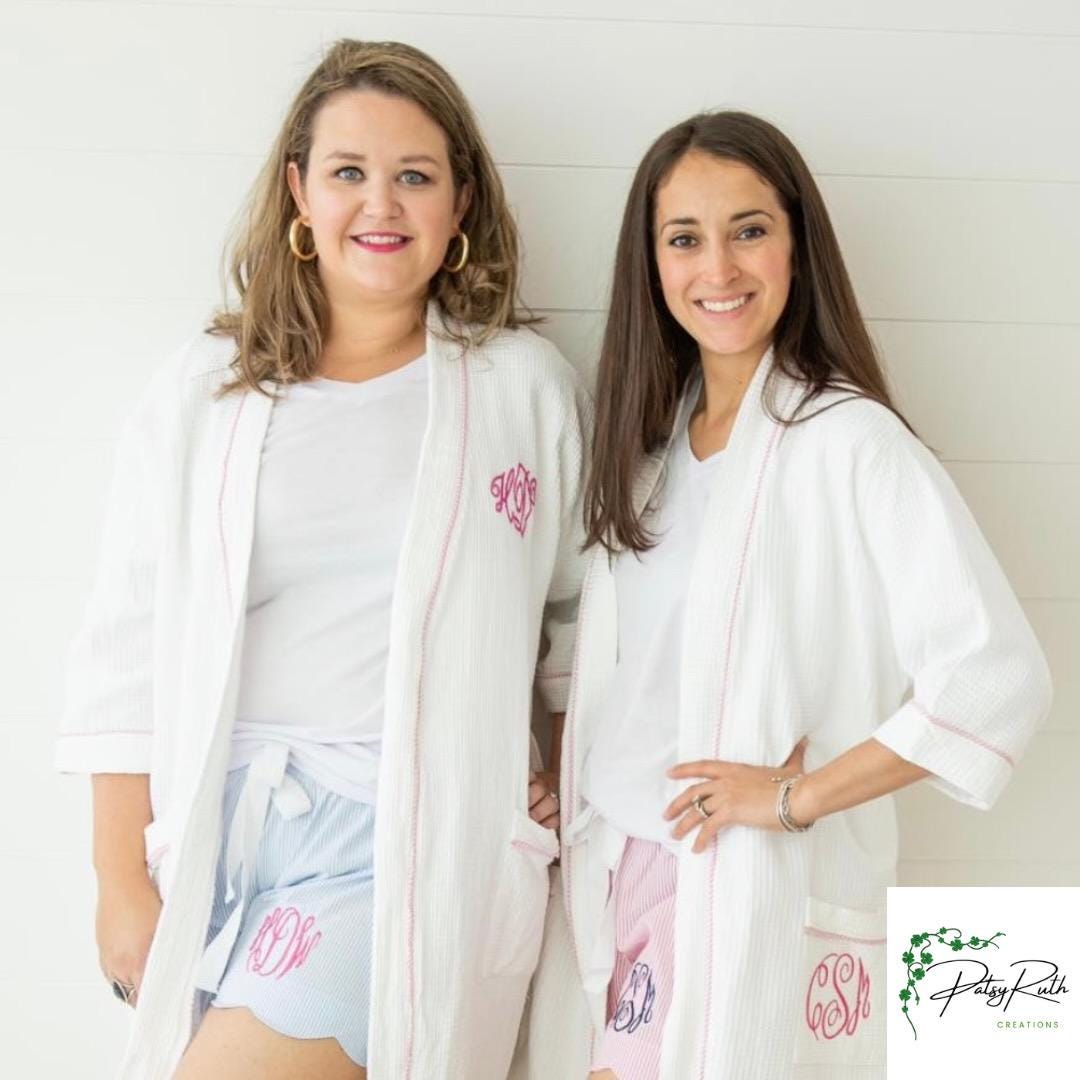 Monogram | Personalized Waffle Robe: Seersucker Trim, Cotton Lounge Wear