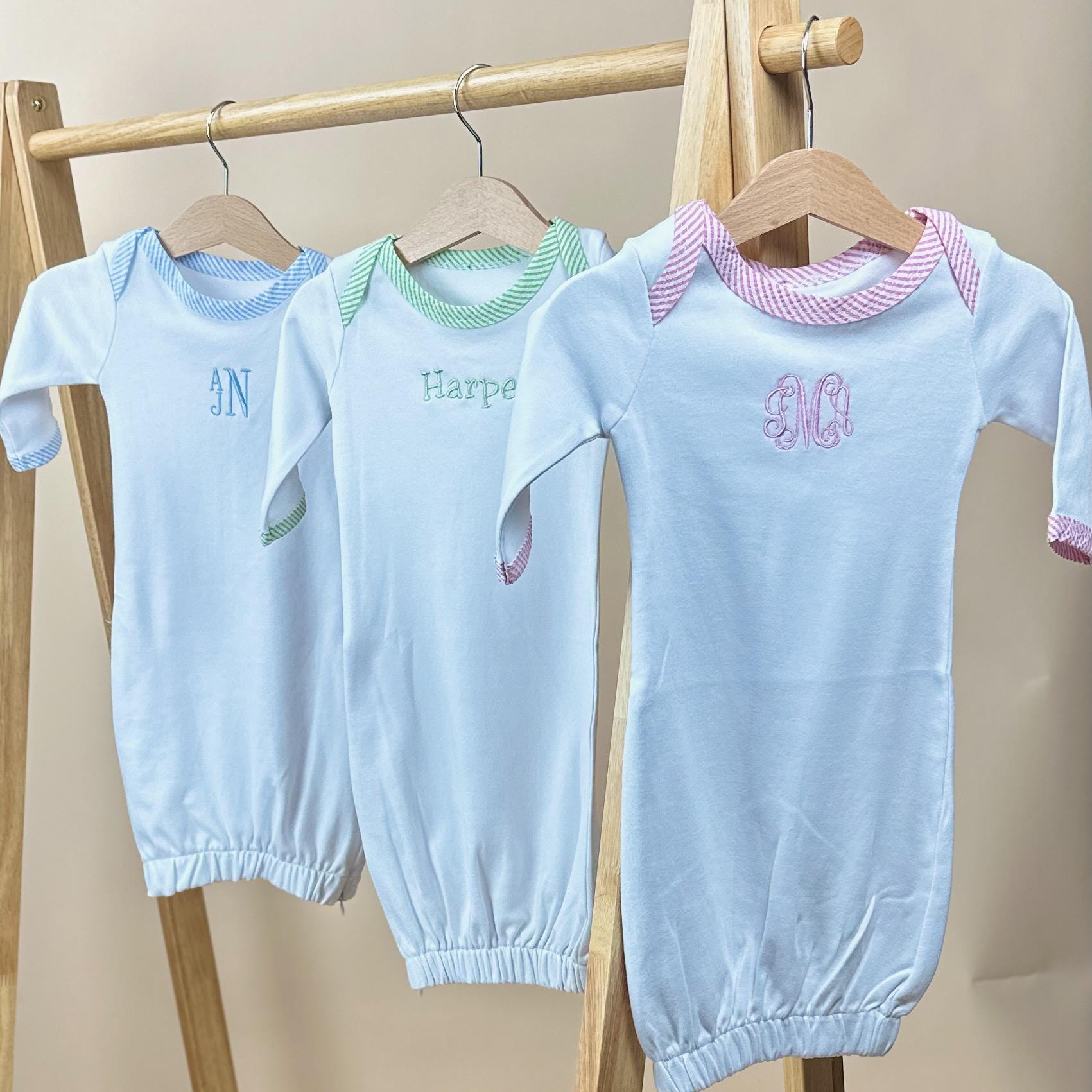 Custom Baby Gown with Sweet Seersucker Trim