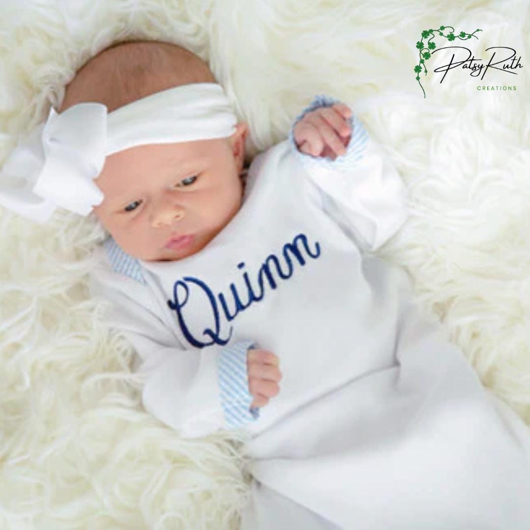 Custom Baby Gown with Sweet Seersucker Trim