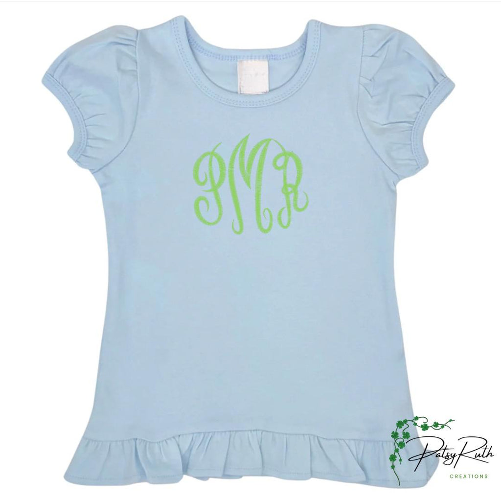 Girls' Monogrammed Puff Sleeve Cotton Shirt: Personalized Ruffle Detail Top