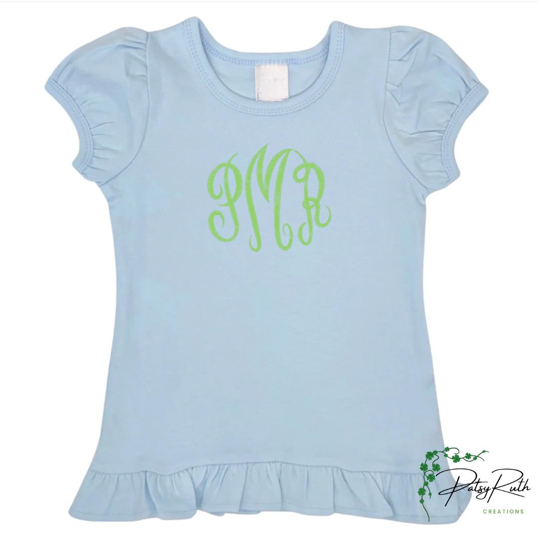 Girls' Monogrammed Puff Sleeve Cotton Shirt: Personalized Ruffle Detail Top