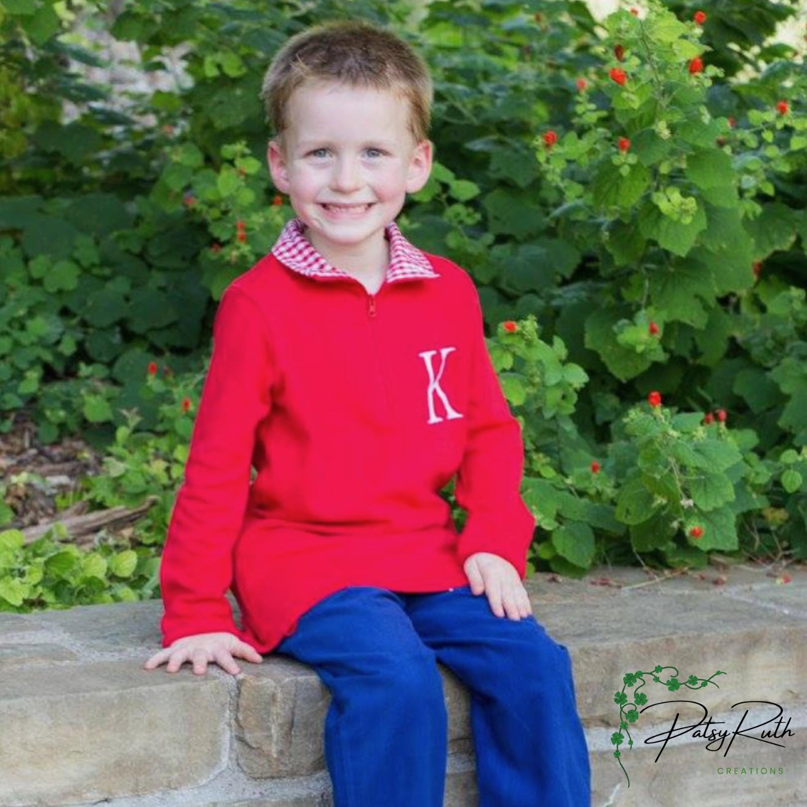 Customized Toddler Pullover with Monogram and Stylish Gingham Accented Collar