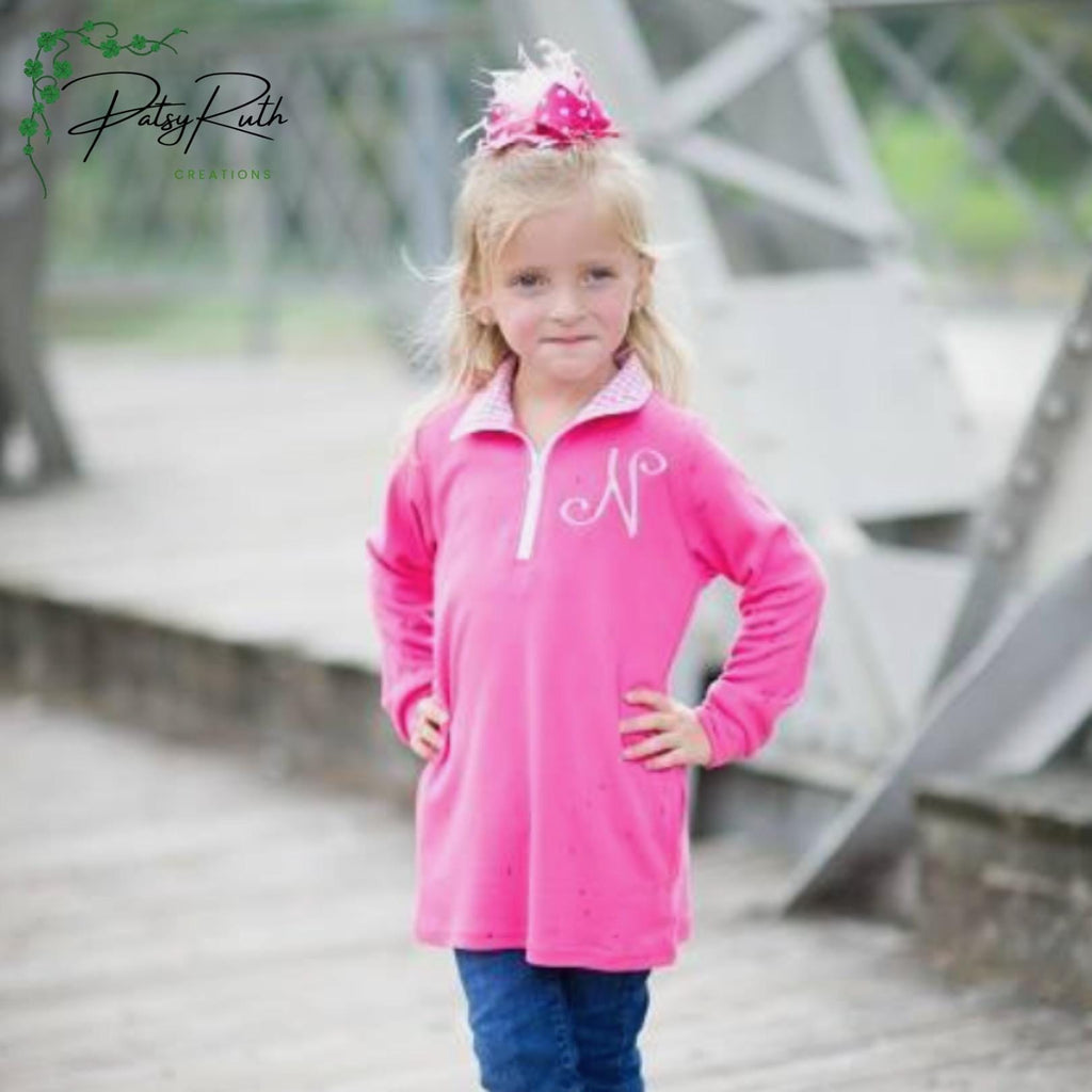 Customized Child Pullover with Monogram and Stylish Gingham Accented Collar