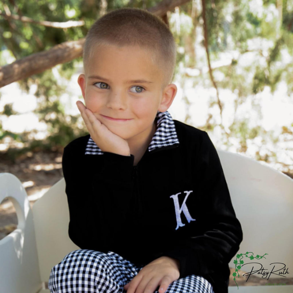 Customized Child Pullover with Monogram and Stylish Gingham Accented Collar