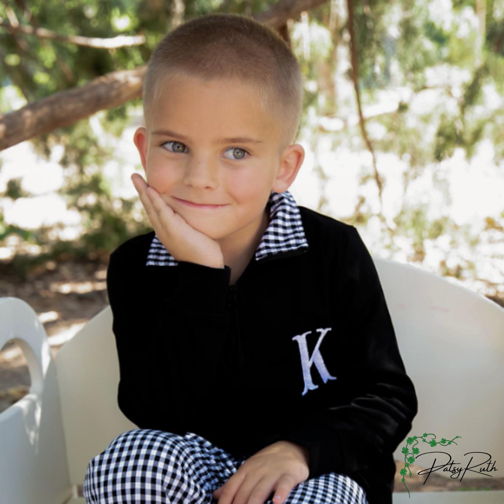 Customized Child Pullover with Monogram and Stylish Gingham Accented Collar