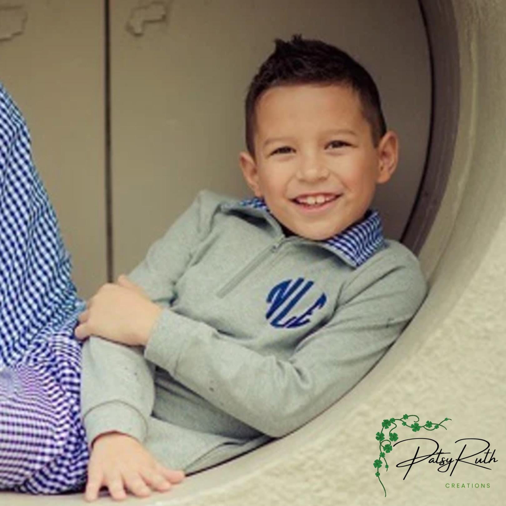 Customized Child Pullover with Monogram and Stylish Gingham Accented Collar