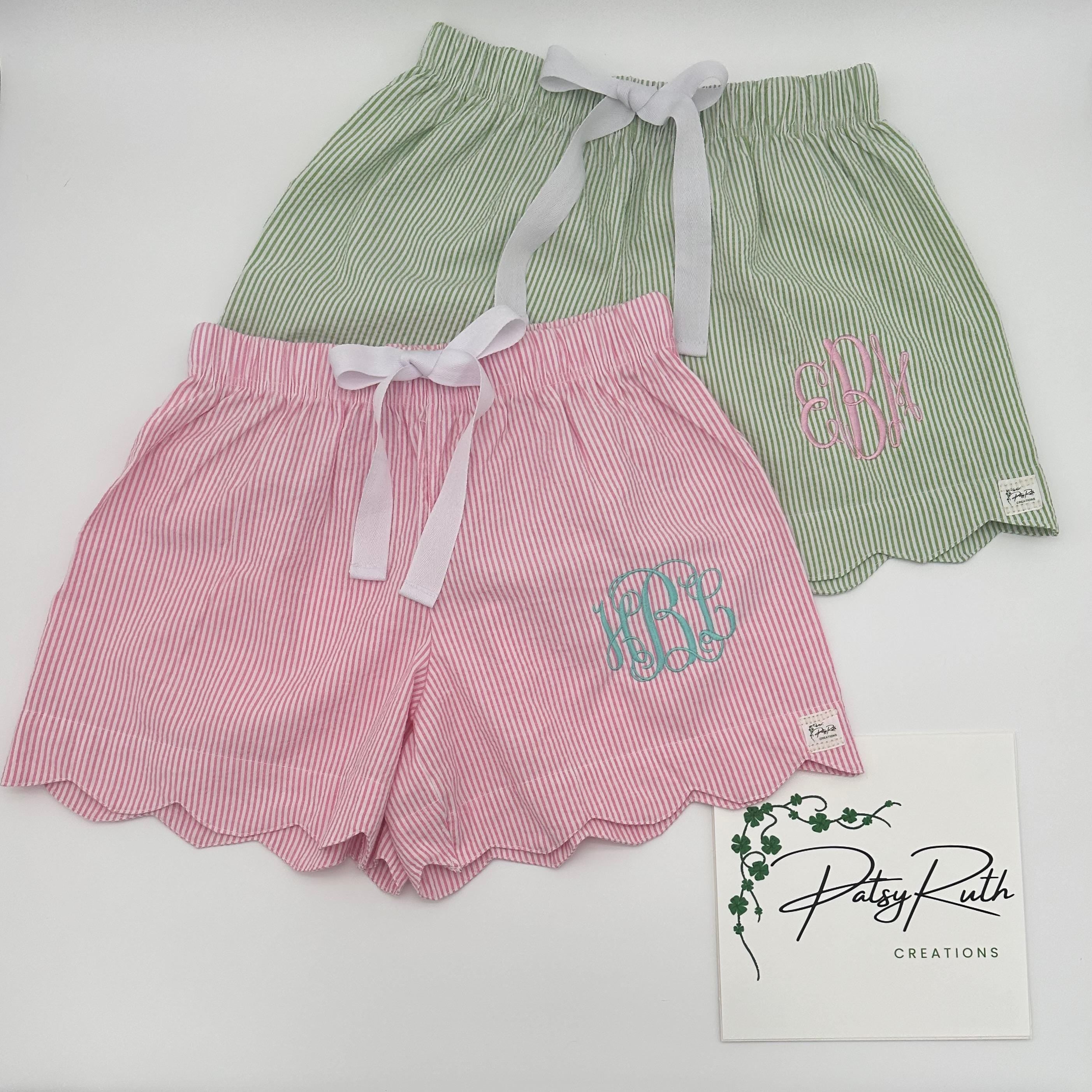 Personalized Seersucker Sleep Shorts  Scalloped Hem Monogram Pajamas