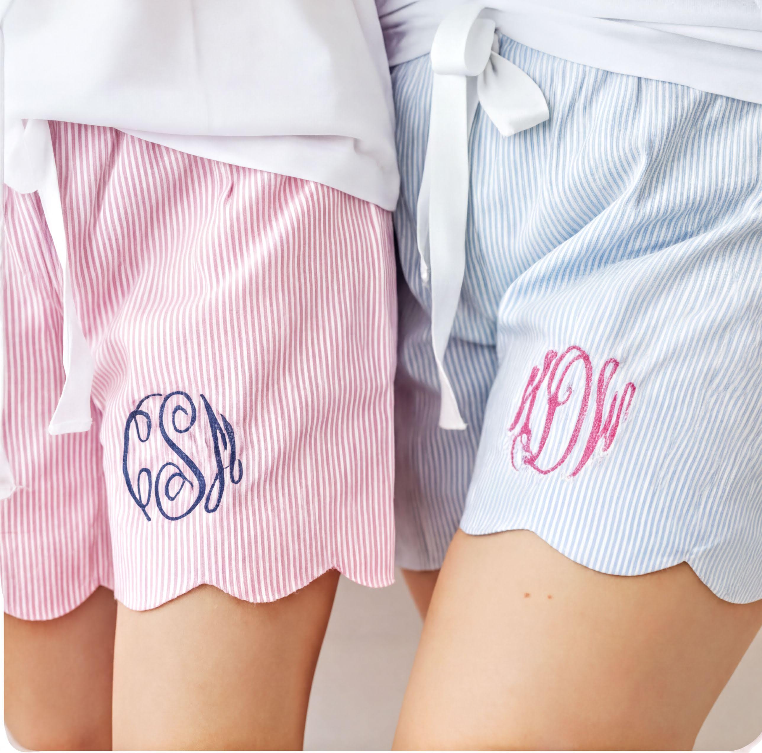 Personalized Seersucker Sleep Shorts  Scalloped Hem Monogram Pajamas