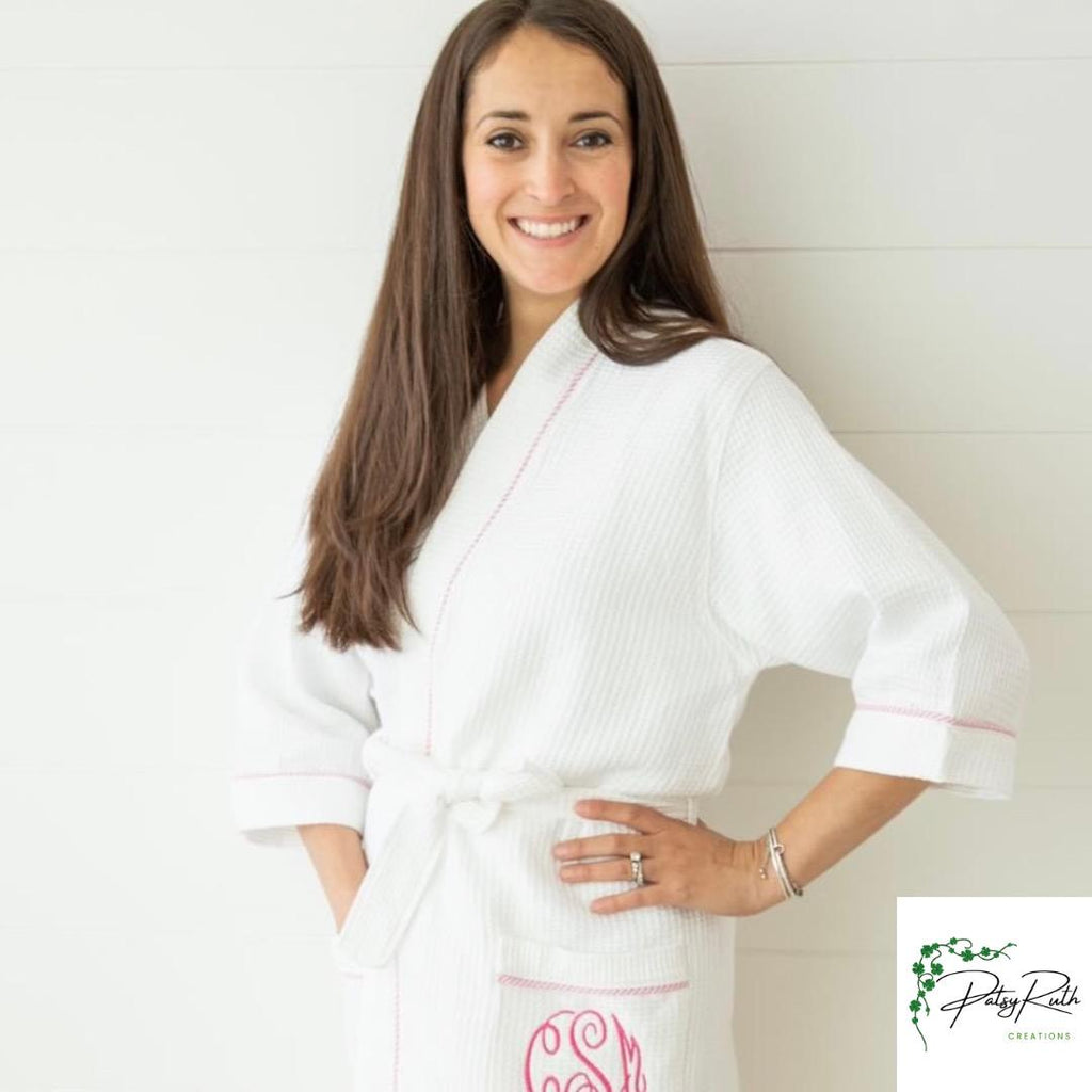 Monogram | Personalized Waffle Robe: Seersucker Trim, Cotton Lounge Wear