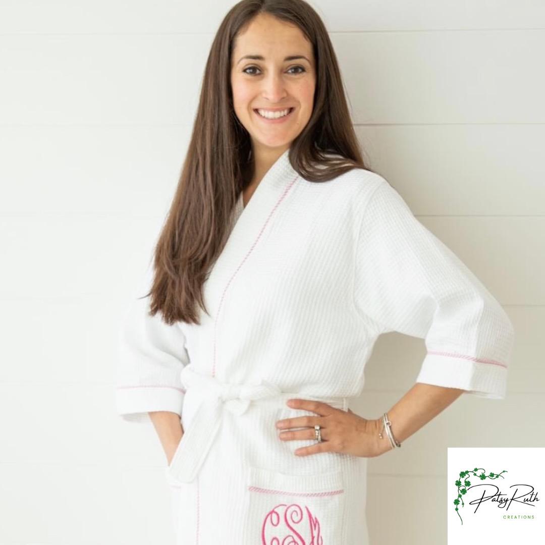 Monogram | Personalized Waffle Robe: Seersucker Trim, Cotton Lounge Wear