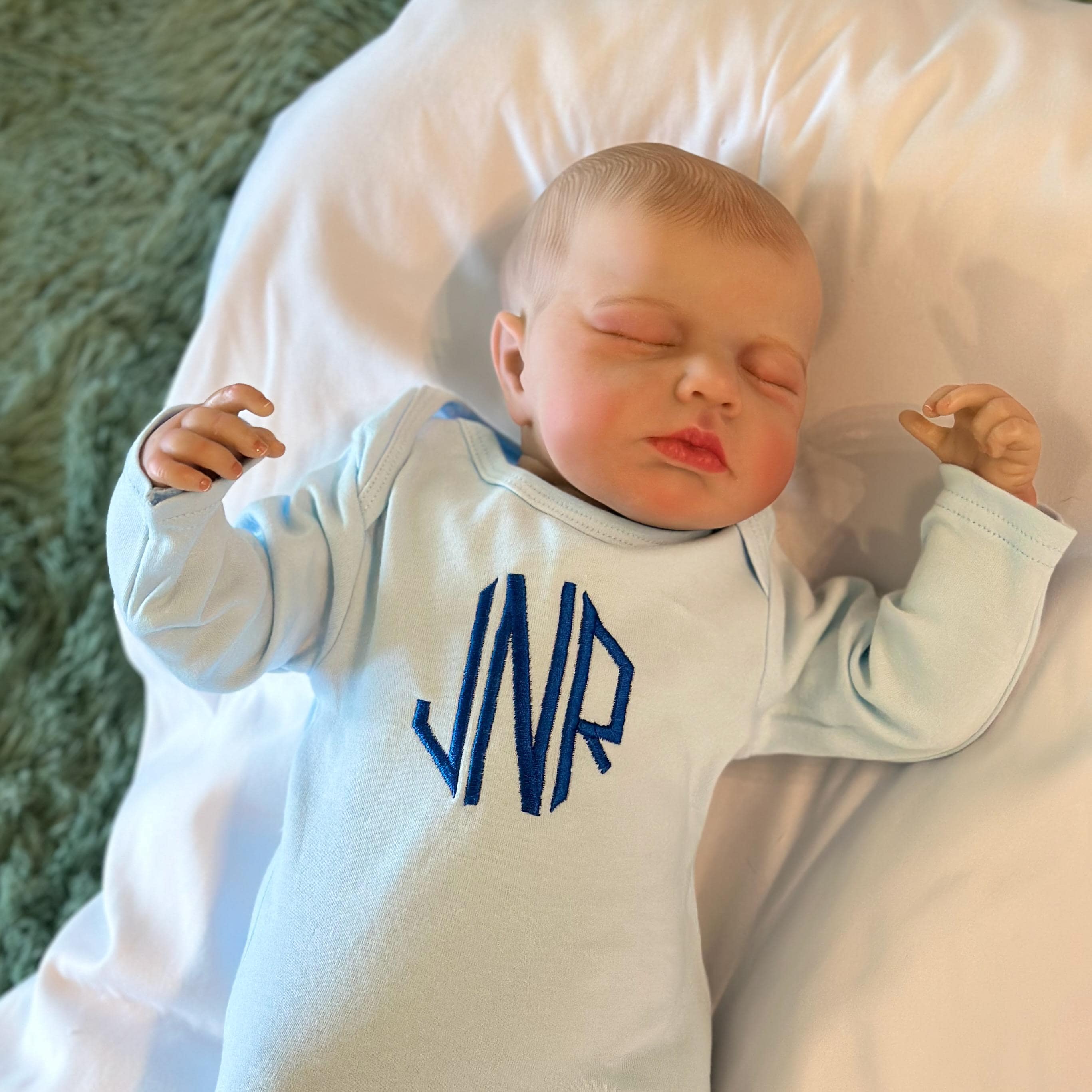 Custom Infant Gown - Monogrammed, Hidden Side Zipper, Lap Shoulder, Elastic Bottom