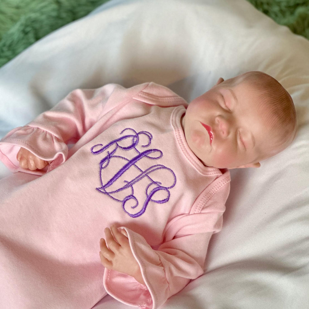 Custom Infant Gown - Monogrammed, Hidden Side Zipper, Lap Shoulder, Elastic Bottom
