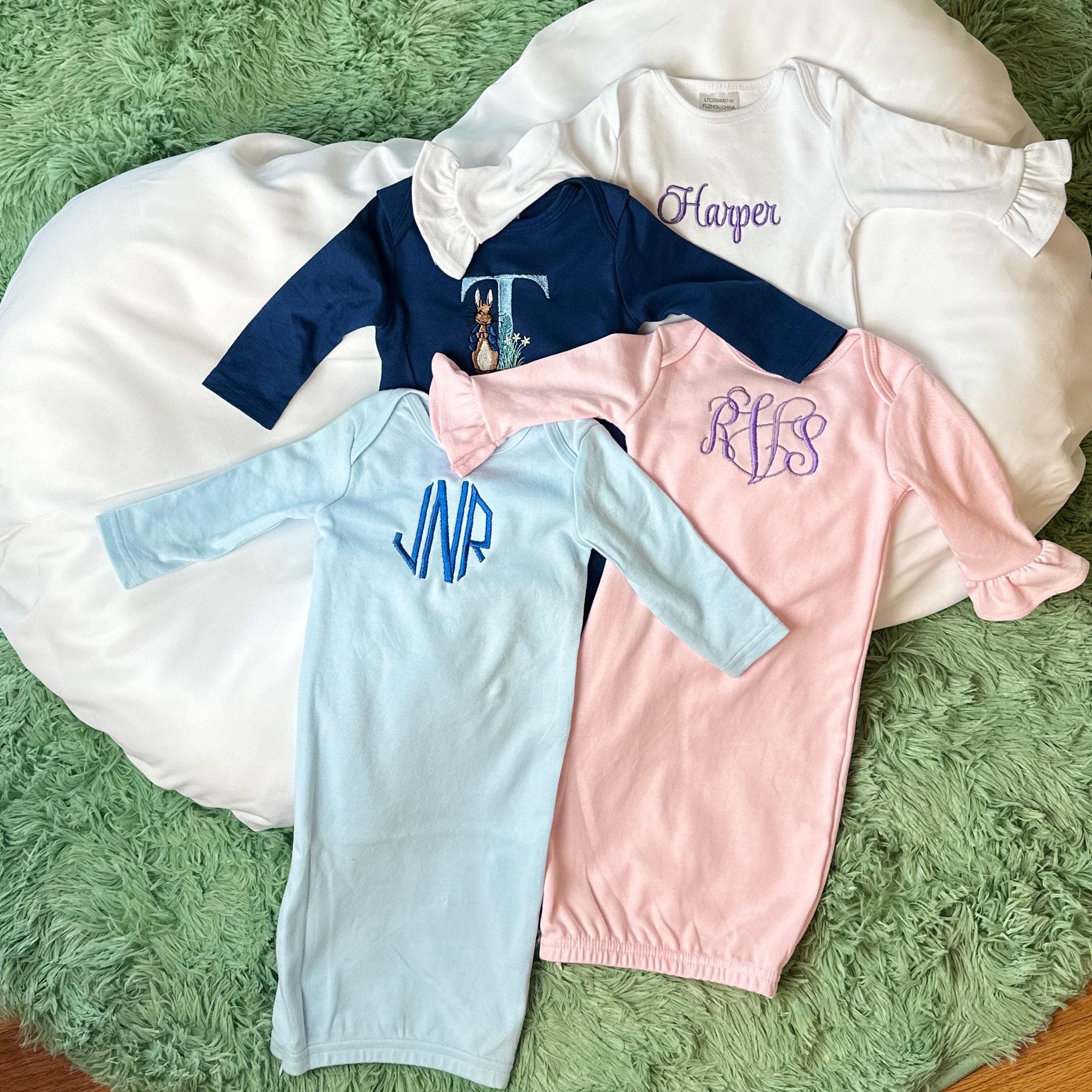 Custom Infant Gown - Monogrammed, Hidden Side Zipper, Lap Shoulder, Elastic Bottom