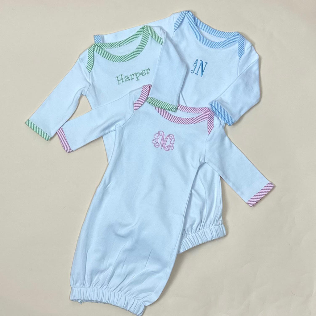 Custom Baby Gown with Sweet Seersucker Trim