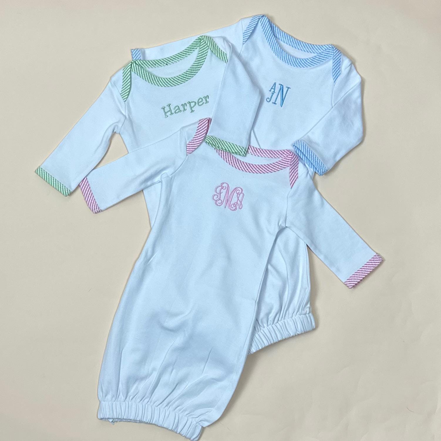 Custom Baby Gown with Sweet Seersucker Trim