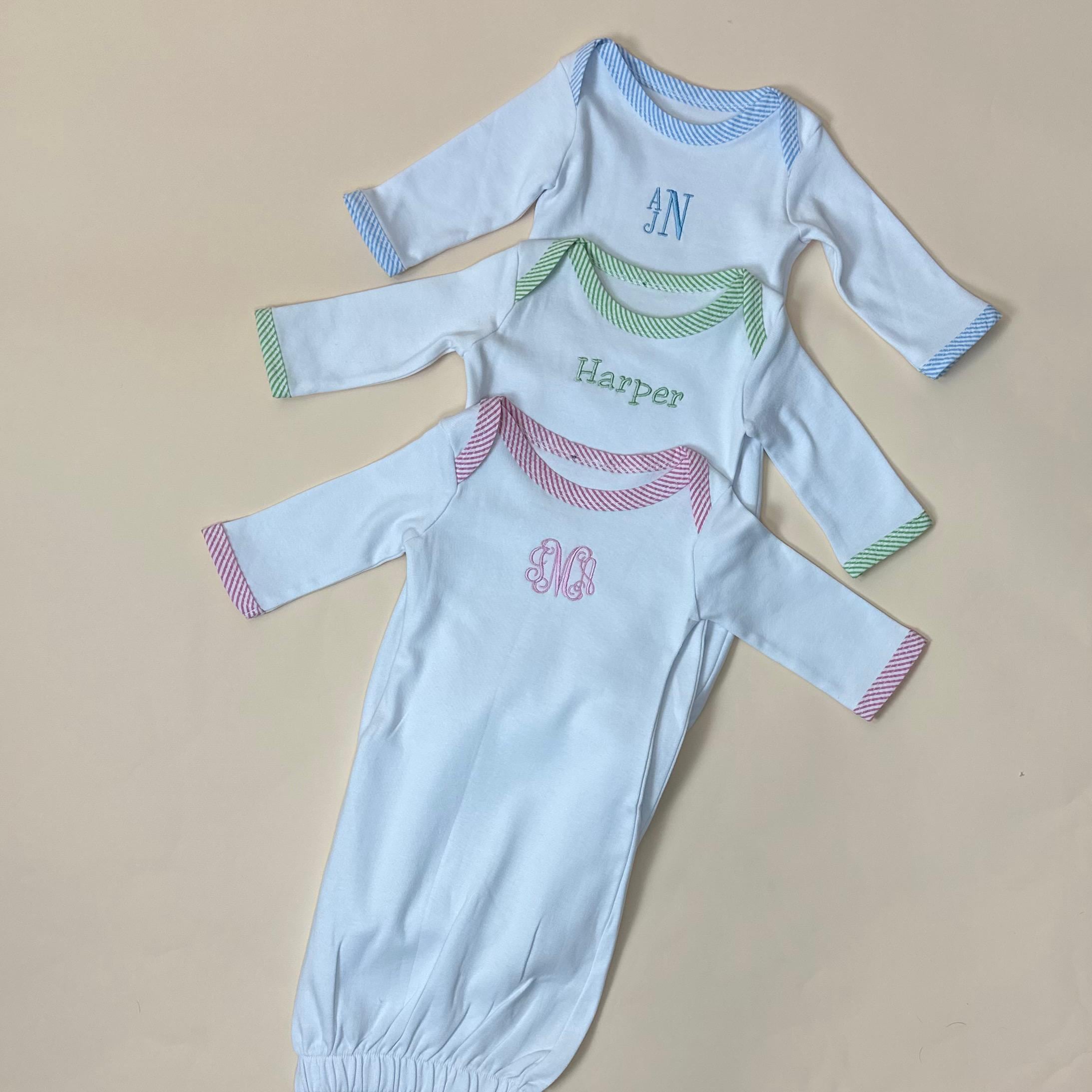Custom Baby Gown with Sweet Seersucker Trim