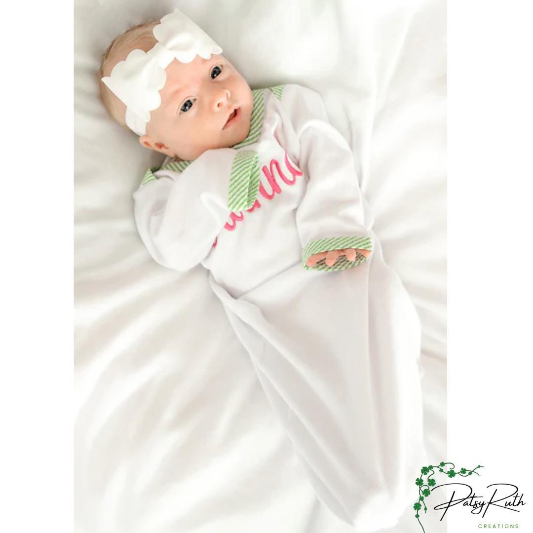 Custom Baby Gown with Sweet Seersucker Trim