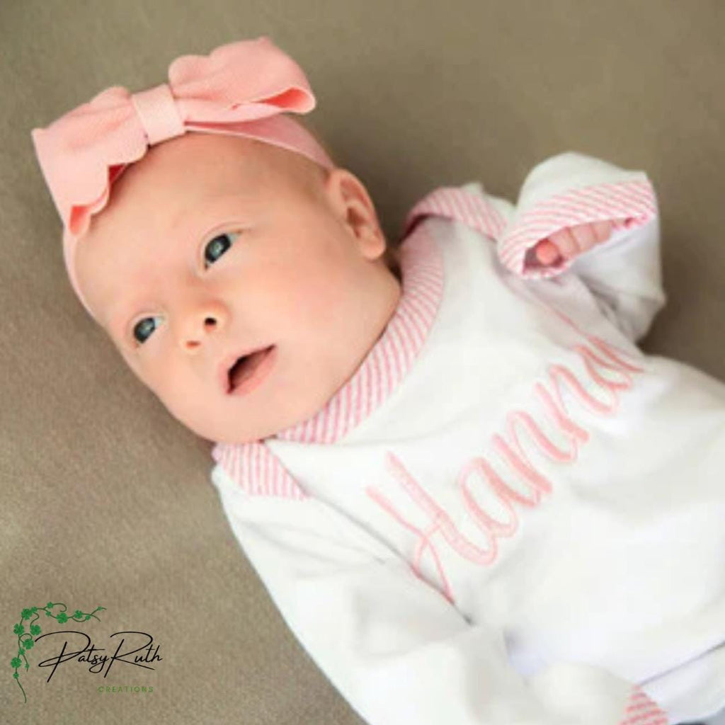 Custom Baby Gown with Sweet Seersucker Trim