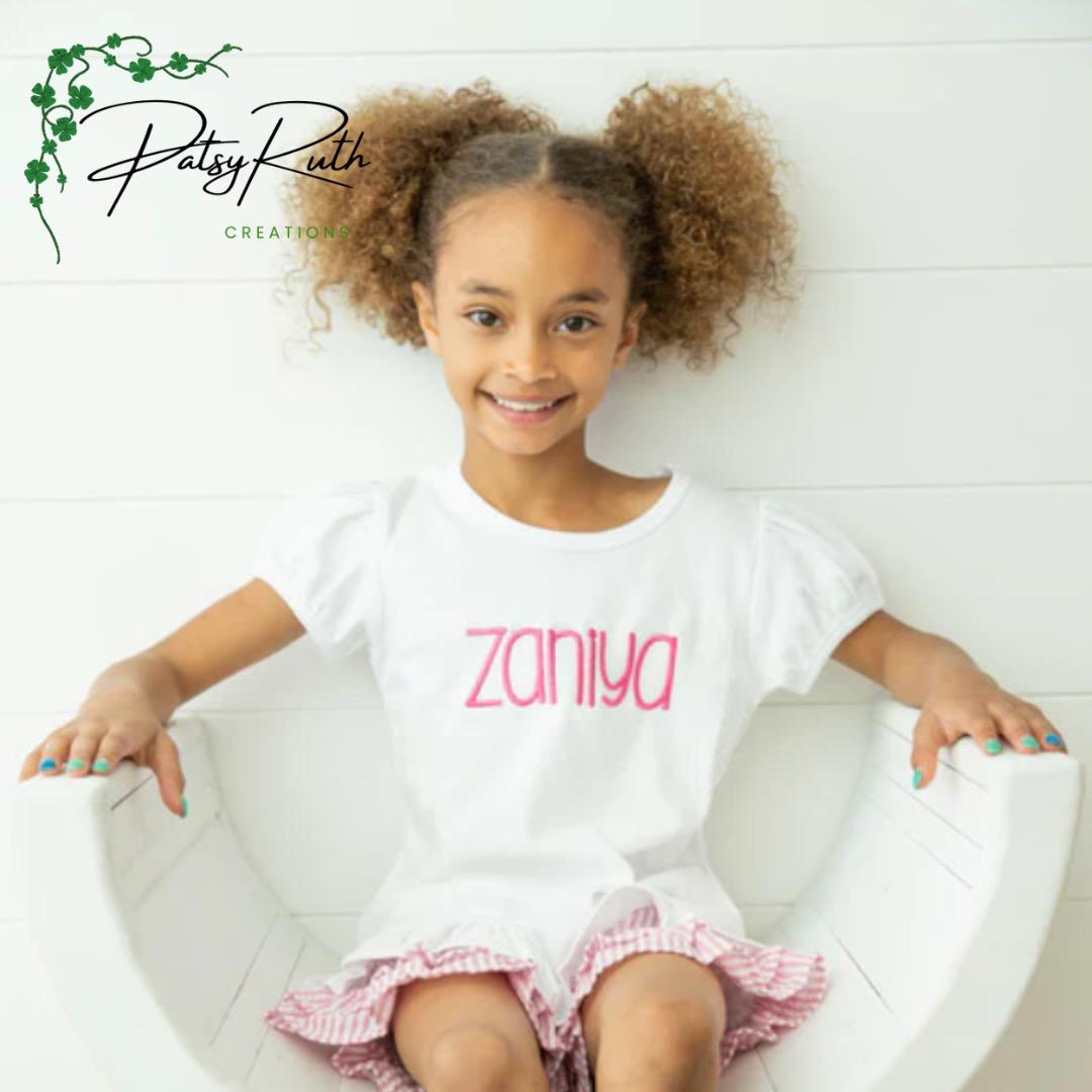 Girls' Monogrammed Puff Sleeve Cotton Shirt: Personalized Ruffle Detail Top