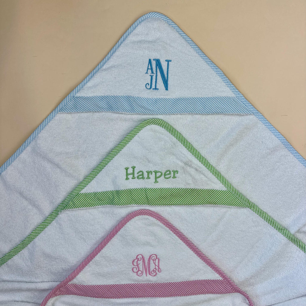 Personalized Baby Hooded Bath Towel - Seersucker Trim