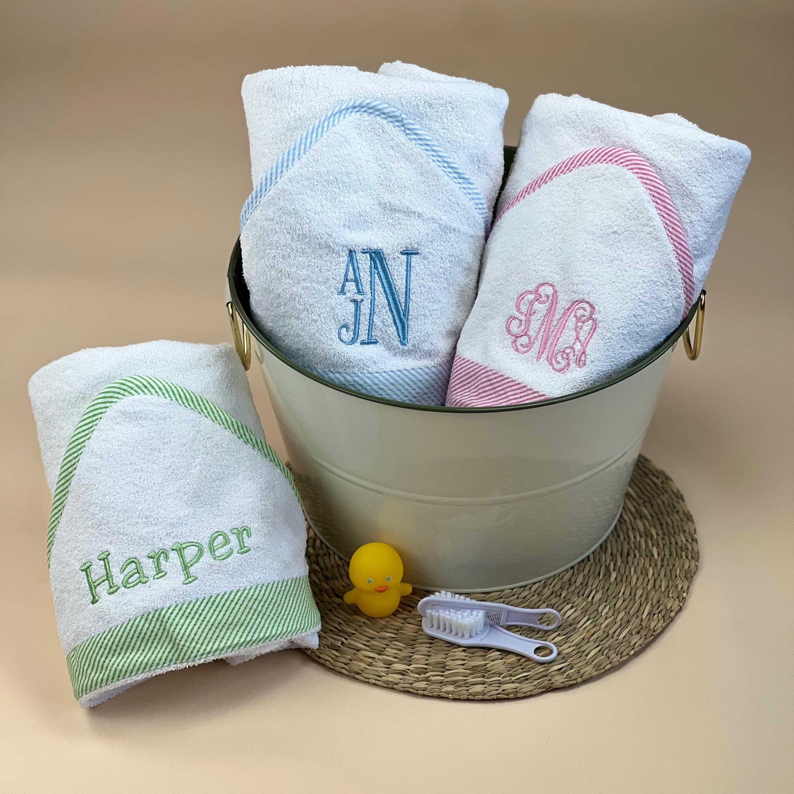Personalized Baby Hooded Bath Towel - Seersucker Trim