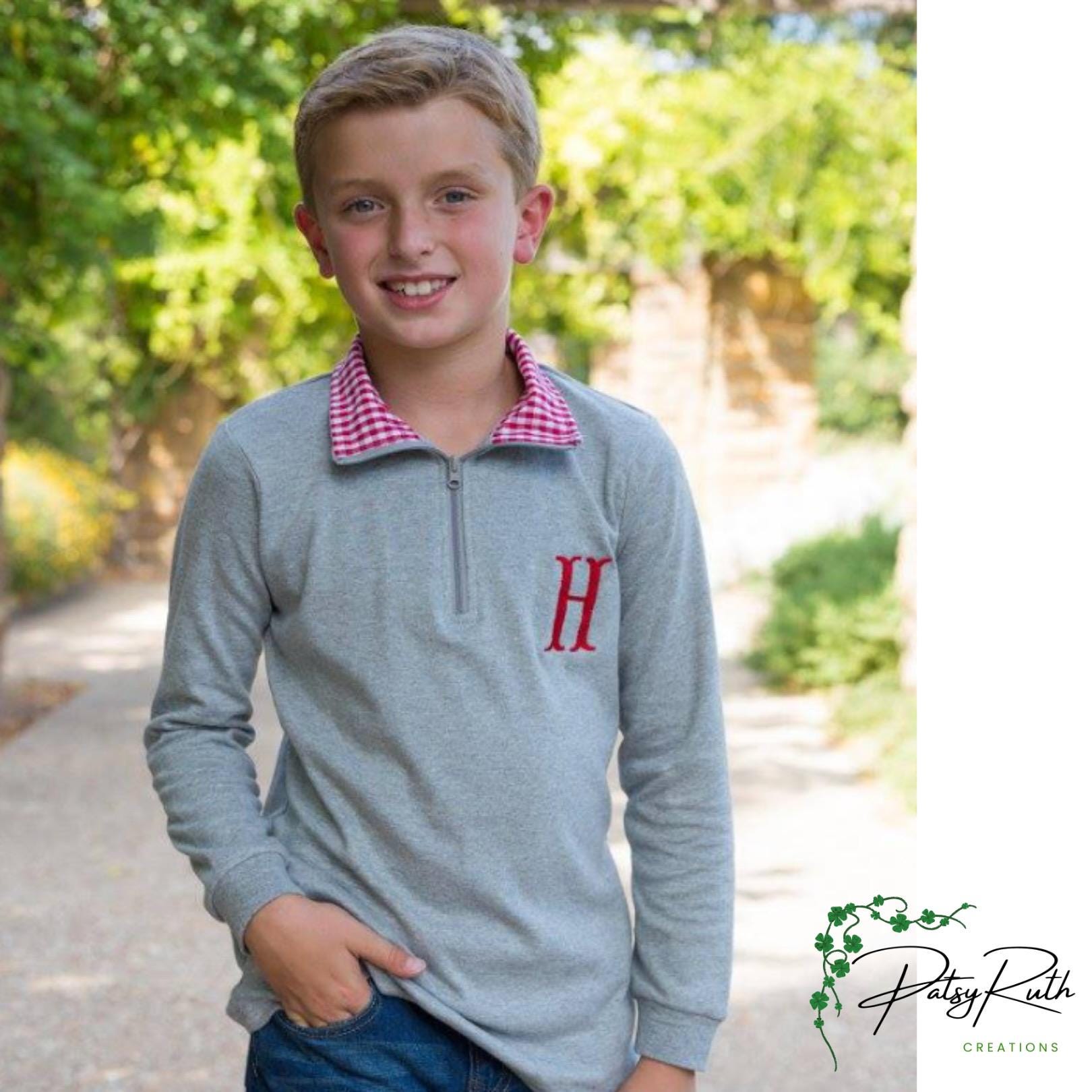 Customized Toddler Pullover with Monogram and Stylish Gingham Accented Collar