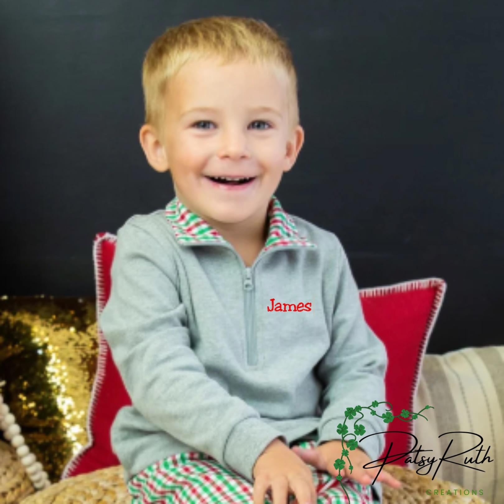 Customized Child Pullover with Monogram and Stylish Gingham Accented Collar