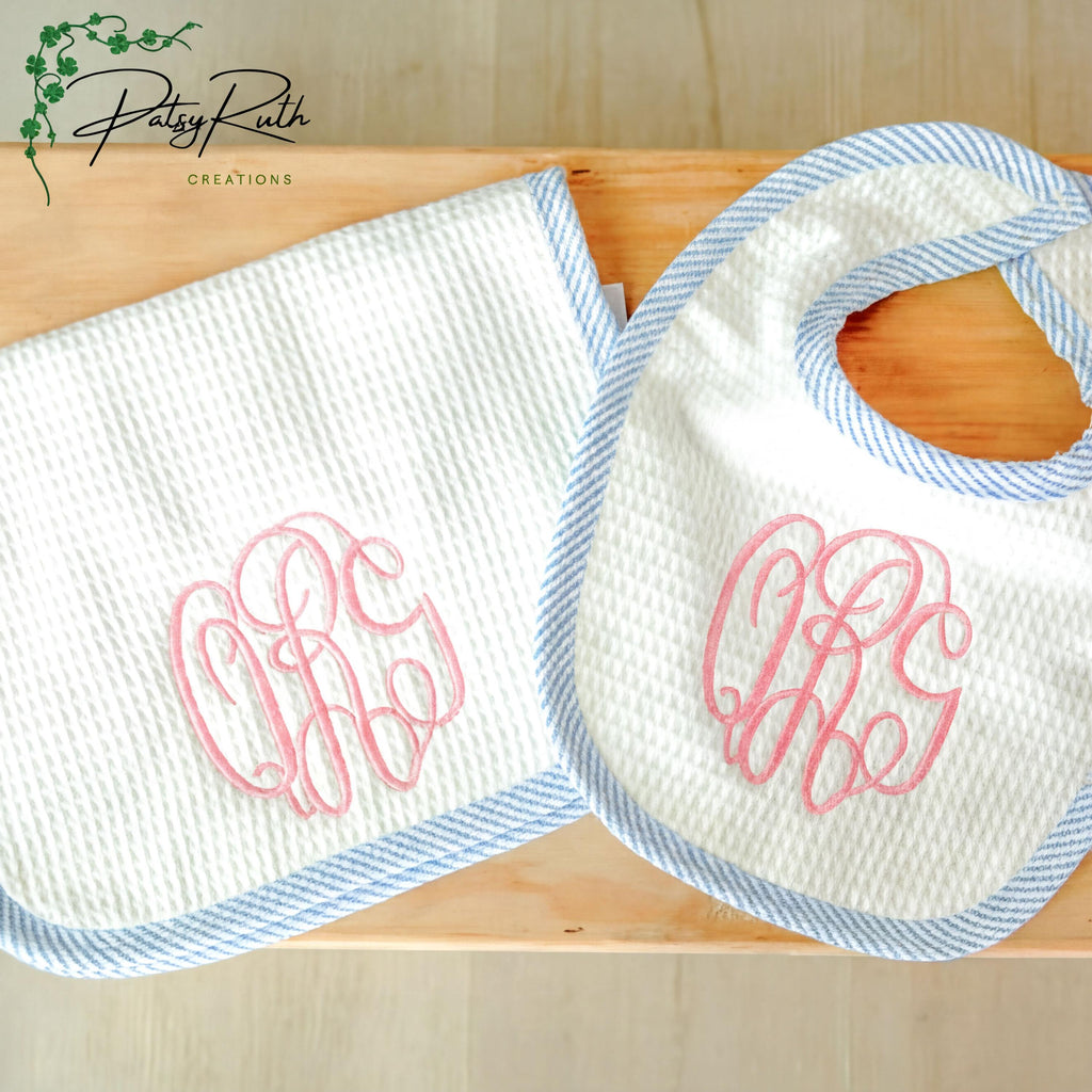 Personalized Seersucker Bib & Burp Cloth Set