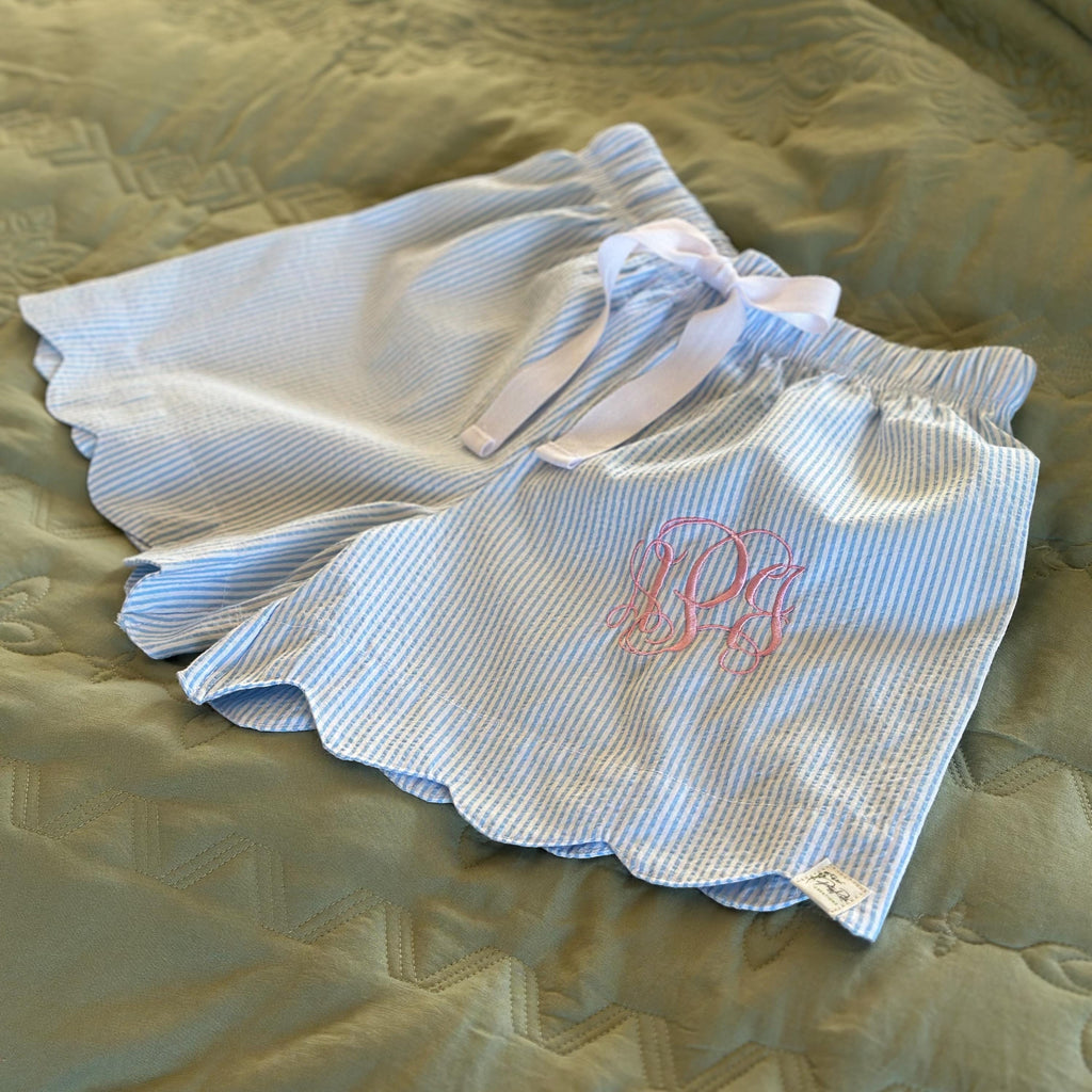 Personalized Seersucker Sleep Shorts  Scalloped Hem Monogram Pajamas