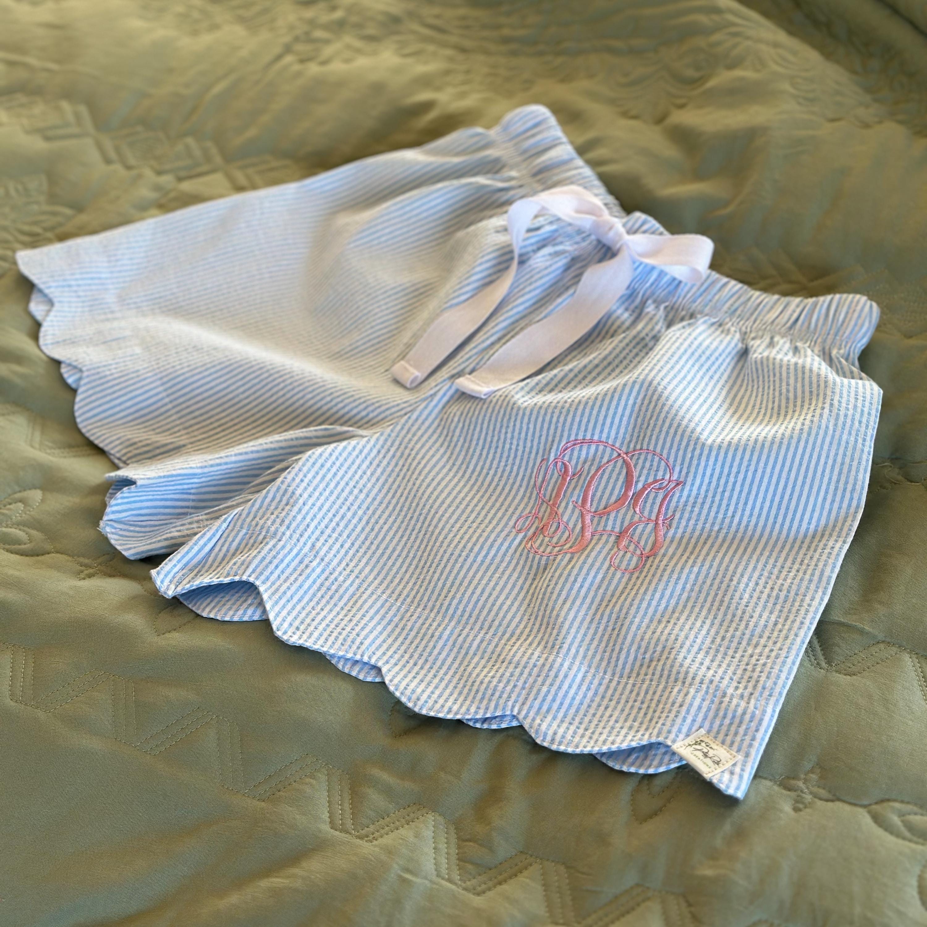 Personalized Seersucker Sleep Shorts  Scalloped Hem Monogram Pajamas