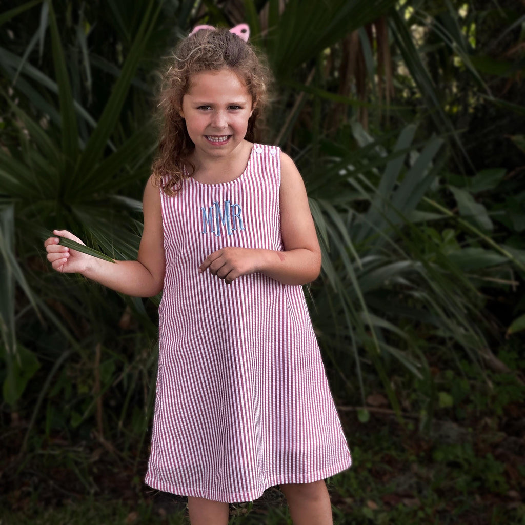Personalized Seersucker Gingham Jumper Dress For Toddlers - Monogram Name Outfit