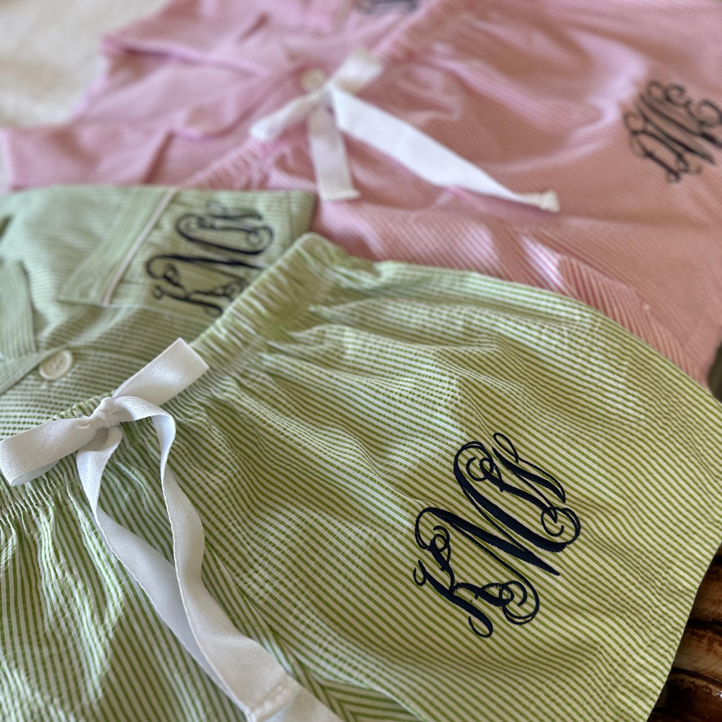 Monogrammed Personalized Seersucker Pajama Shorts Set: Women's Sleepwear-Sorority Letters-Greek Life