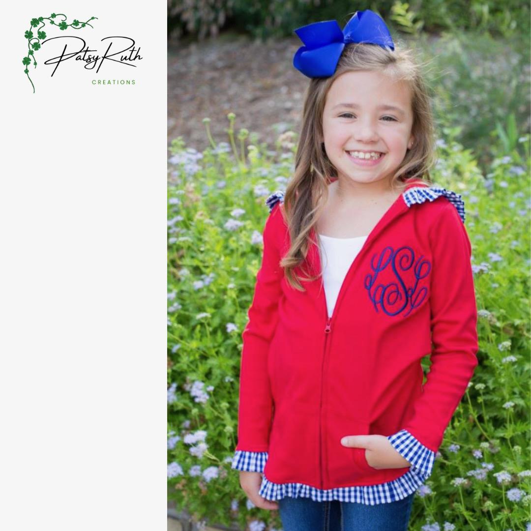 Custom Monogrammed Girls' Hoodie JacketGingham Accents