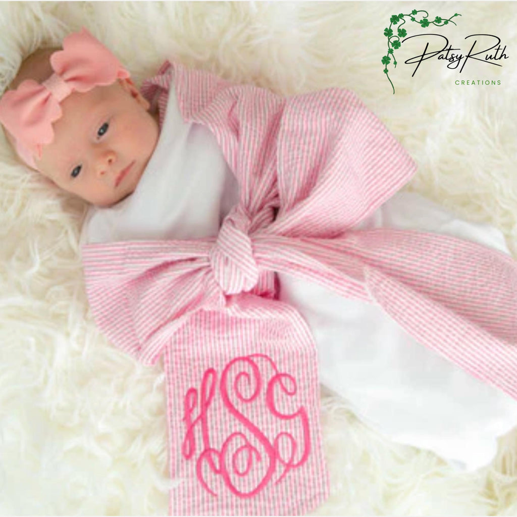 Monogrammed | Personalized Baby Swaddle with Seersucker Bow - Custom Newborn Blanket