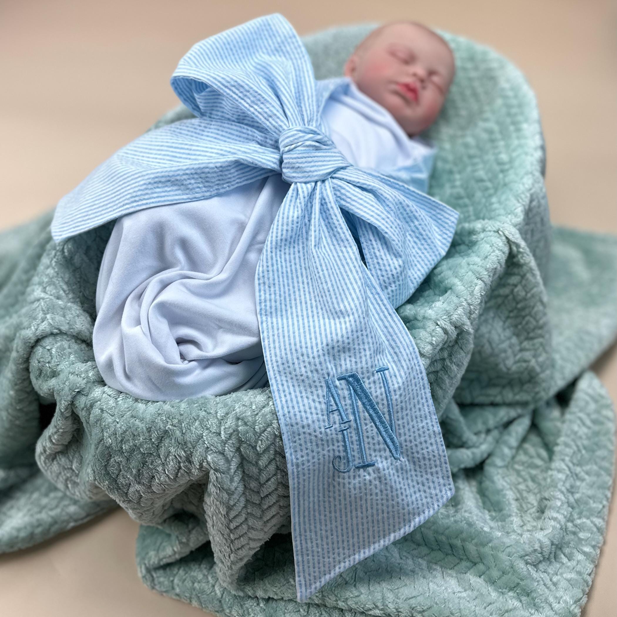 Monogrammed | Personalized Baby Swaddle with Seersucker Bow - Custom Newborn Blanket