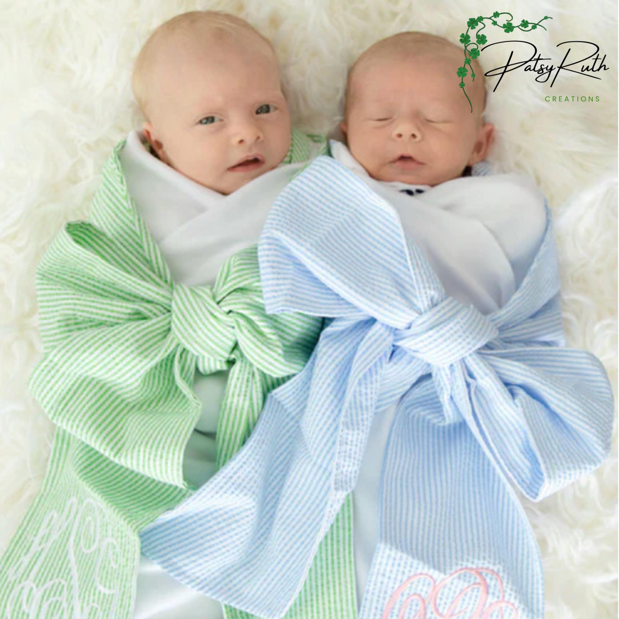 Monogrammed | Personalized Baby Swaddle with Seersucker Bow - Custom Newborn Blanket