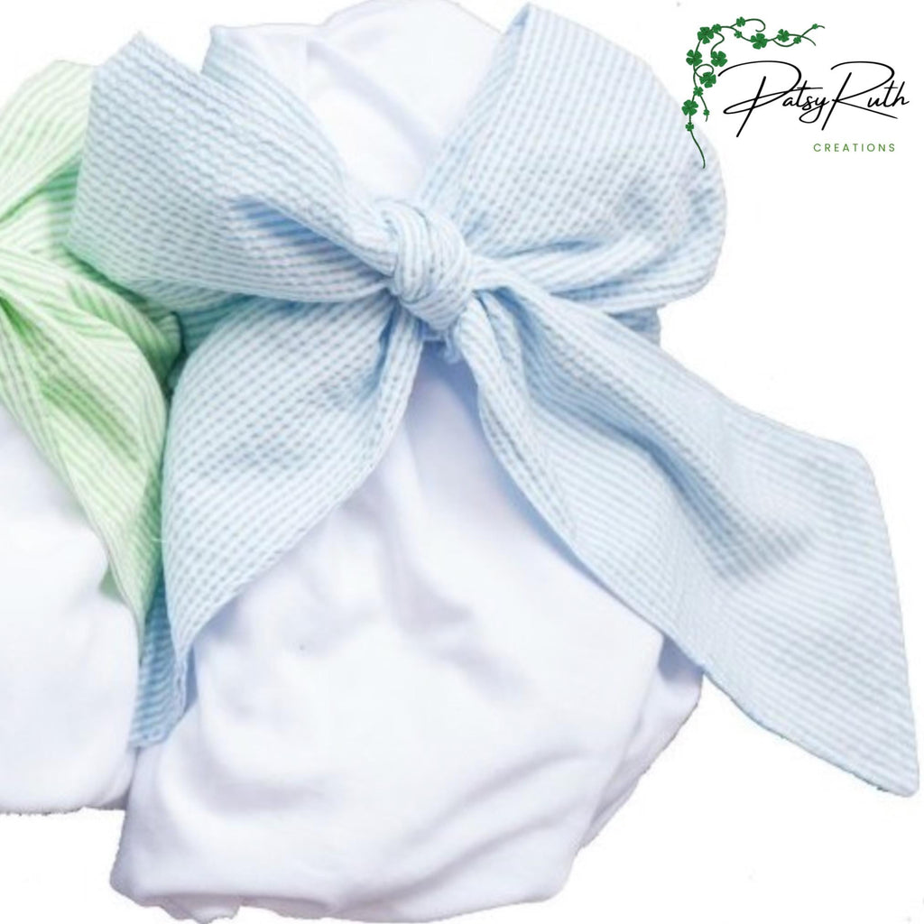 Monogrammed | Personalized Baby Swaddle with Seersucker Bow - Custom Newborn Blanket