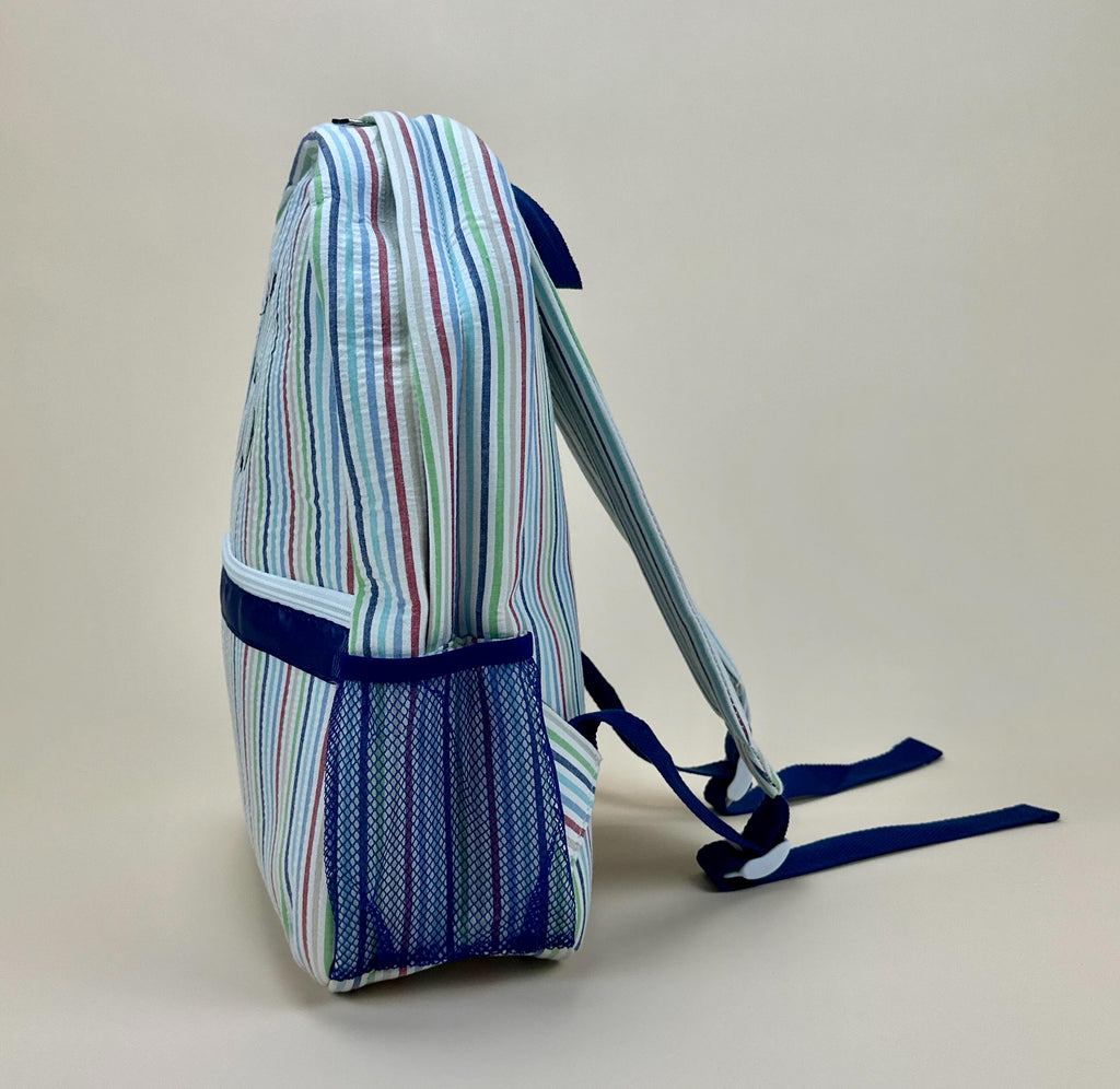 Personalized Seersucker Backpack | Fully Lined with Interior Pocket & Mesh Side Pockets