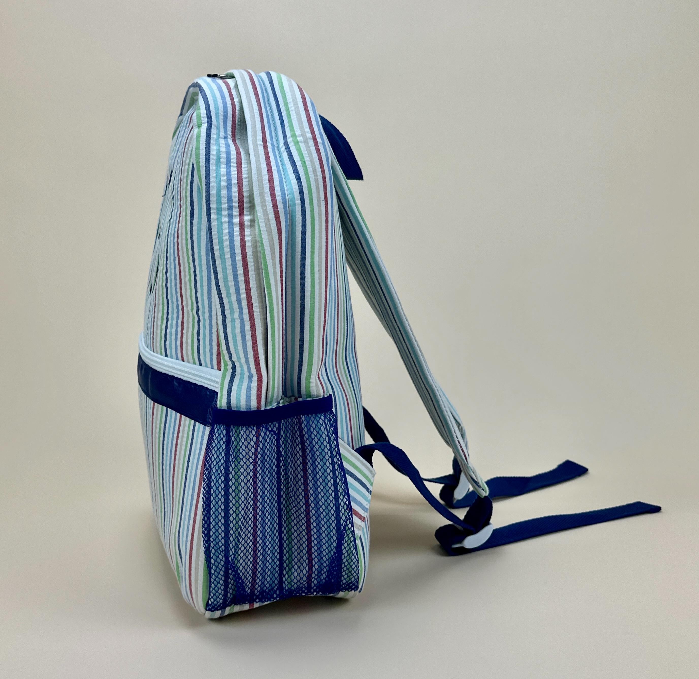 Personalized Seersucker Backpack | Fully Lined with Interior Pocket & Mesh Side Pockets